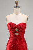 Sparkly Red Cut Out Pearl Bodycon Strapless Short Homecoming Dress with Beading