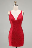 Sparkly Red Bodycon V-Neck Beaded Pearls Short Homecoming Dress