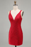 Sparkly Red Bodycon V-Neck Beaded Pearls Short Homecoming Dress