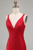 Sparkly Red Bodycon V-Neck Beaded Pearls Short Homecoming Dress