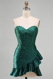 Dark Green Bodycon Corset Beaded Pearls Asymmetrical Ruffle Hem Homecoming Dress