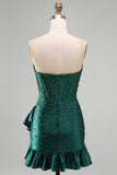 Dark Green Bodycon Corset Beaded Pearls Asymmetrical Ruffle Hem Homecoming Dress