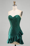 Dark Green Bodycon Corset Beaded Pearls Asymmetrical Ruffle Hem Homecoming Dress