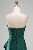 Dark Green Bodycon Corset Beaded Pearls Asymmetrical Ruffle Hem Homecoming Dress