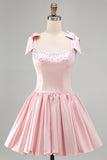 Pink A-Line Satin Corset Pearl Beaded Ruched Short Homecoming Dress with Bows
