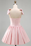 Pink A-Line Satin Corset Pearl Beaded Ruched Short Homecoming Dress with Bows