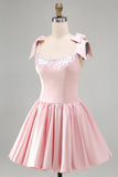 Pink A-Line Satin Corset Pearl Beaded Ruched Short Homecoming Dress with Bows
