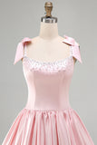 Pink A-Line Satin Corset Pearl Beaded Ruched Short Homecoming Dress with Bows