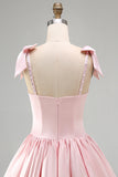 Pink A-Line Satin Corset Pearl Beaded Ruched Short Homecoming Dress with Bows