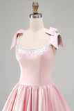 Pink A-Line Satin Corset Pearl Beaded Ruched Short Homecoming Dress with Bows