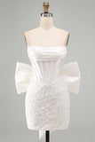 White Corset Lace Bodycon Strapless Short Cocktail Dress with Big Bow