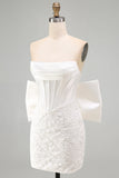 White Corset Lace Bodycon Strapless Short Cocktail Dress with Big Bow