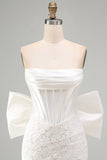 White Corset Lace Bodycon Strapless Short Cocktail Dress with Big Bow