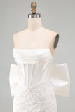 White Corset Lace Bodycon Strapless Short Cocktail Dress with Big Bow