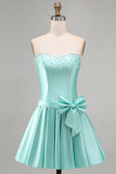 Mint Satin Beaded A-Line Strapless Pearl Homecoming Dress with Bow