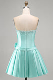 Mint Satin Beaded A-Line Strapless Pearl Homecoming Dress with Bow