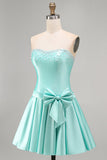 Mint Satin Beaded A-Line Strapless Pearl Homecoming Dress with Bow