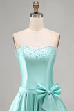 Mint Satin Beaded A-Line Strapless Pearl Homecoming Dress with Bow