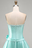 Mint Satin Beaded A-Line Strapless Pearl Homecoming Dress with Bow