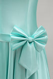 Mint Satin Beaded A-Line Strapless Pearl Homecoming Dress with Bow