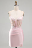 Pink Bodycon Sheer Corset Sequins Satin Short Homecoming Dress with Appliques