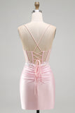 Pink Bodycon Sheer Corset Sequins Satin Short Homecoming Dress with Appliques