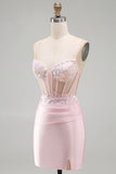 Pink Bodycon Sheer Corset Sequins Satin Short Homecoming Dress with Appliques