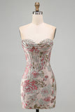 Pink Flower Jacquard Corset Bodycon Sequins Strapless Short Homecoming Dress