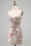 Pink Flower Jacquard Corset Bodycon Sequins Strapless Short Homecoming Dress