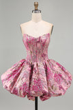Red Flower Corset Jacquard A-Line Strapless Short Cocktail Dress with Bubble Hem