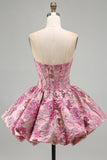 Red Flower Corset Jacquard A-Line Strapless Short Cocktail Dress with Bubble Hem