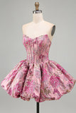 Red Flower Corset Jacquard A-Line Strapless Short Cocktail Dress with Bubble Hem