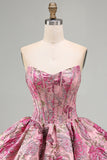 Red Flower Corset Jacquard A-Line Strapless Short Cocktail Dress with Bubble Hem