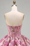 Red Flower Corset Jacquard A-Line Strapless Short Cocktail Dress with Bubble Hem