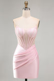 Pink Sheer Corset Ruched Satin Bodycon Short Homecoming Dress with Beading