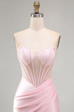 Pink Sheer Corset Ruched Satin Bodycon Short Homecoming Dress with Beading