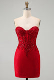 Red Bodycon Strapless Beaded Sequin Corset Short Homecoming Dress with Lace