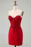 Red Bodycon Strapless Beaded Sequin Corset Short Homecoming Dress with Lace