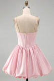 Pink A-Line Corset Satin Sequins Short Homecoming Dress with Bubble Hem