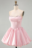 Pink A-Line Corset Satin Sequins Short Homecoming Dress with Bubble Hem
