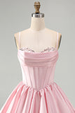Pink A-Line Corset Satin Sequins Short Homecoming Dress with Bubble Hem