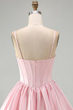 Pink A-Line Corset Satin Sequins Short Homecoming Dress with Bubble Hem