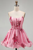 Pink A Line Strapless Ruffled Hem Corset Floral Printed Short Homecoming Dress