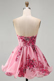 Pink A Line Strapless Ruffled Hem Corset Floral Printed Short Homecoming Dress