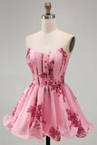 Pink A Line Strapless Ruffled Hem Corset Floral Printed Short Homecoming Dress