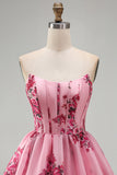 Pink A Line Strapless Ruffled Hem Corset Floral Printed Short Homecoming Dress