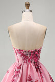 Pink A Line Strapless Ruffled Hem Corset Floral Printed Short Homecoming Dress