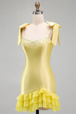 Yellow Satin Tiered Ruffled Hem Pearls Beaded Short Homecoming Dress with Bow Straps