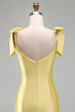 Yellow Satin Tiered Ruffled Hem Pearls Beaded Short Homecoming Dress with Bow Straps