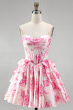 Pink Corset A-Line Tiered Ruffled Floral Printed Short Homecoming Dress
